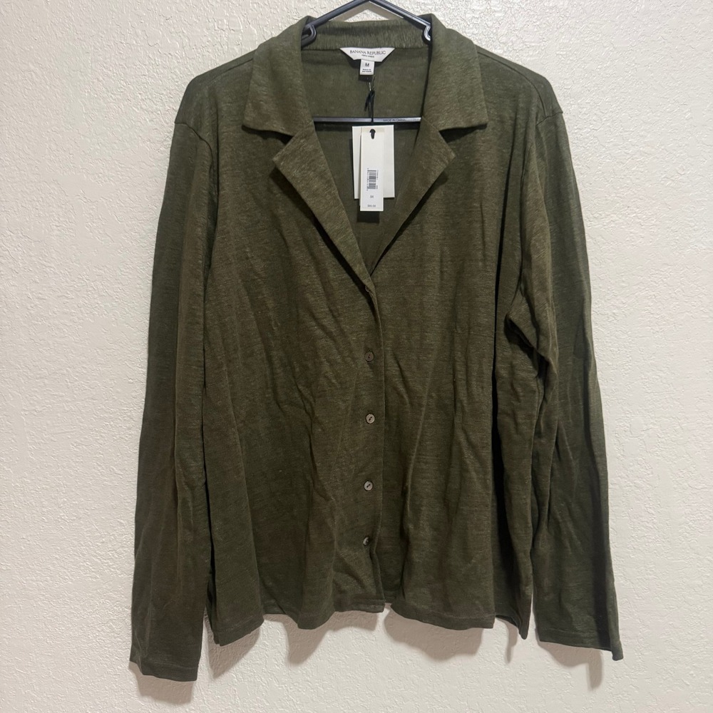 Banana Republic 100% Linen Button Down Shirt Olive Green Long Sleeve Medium